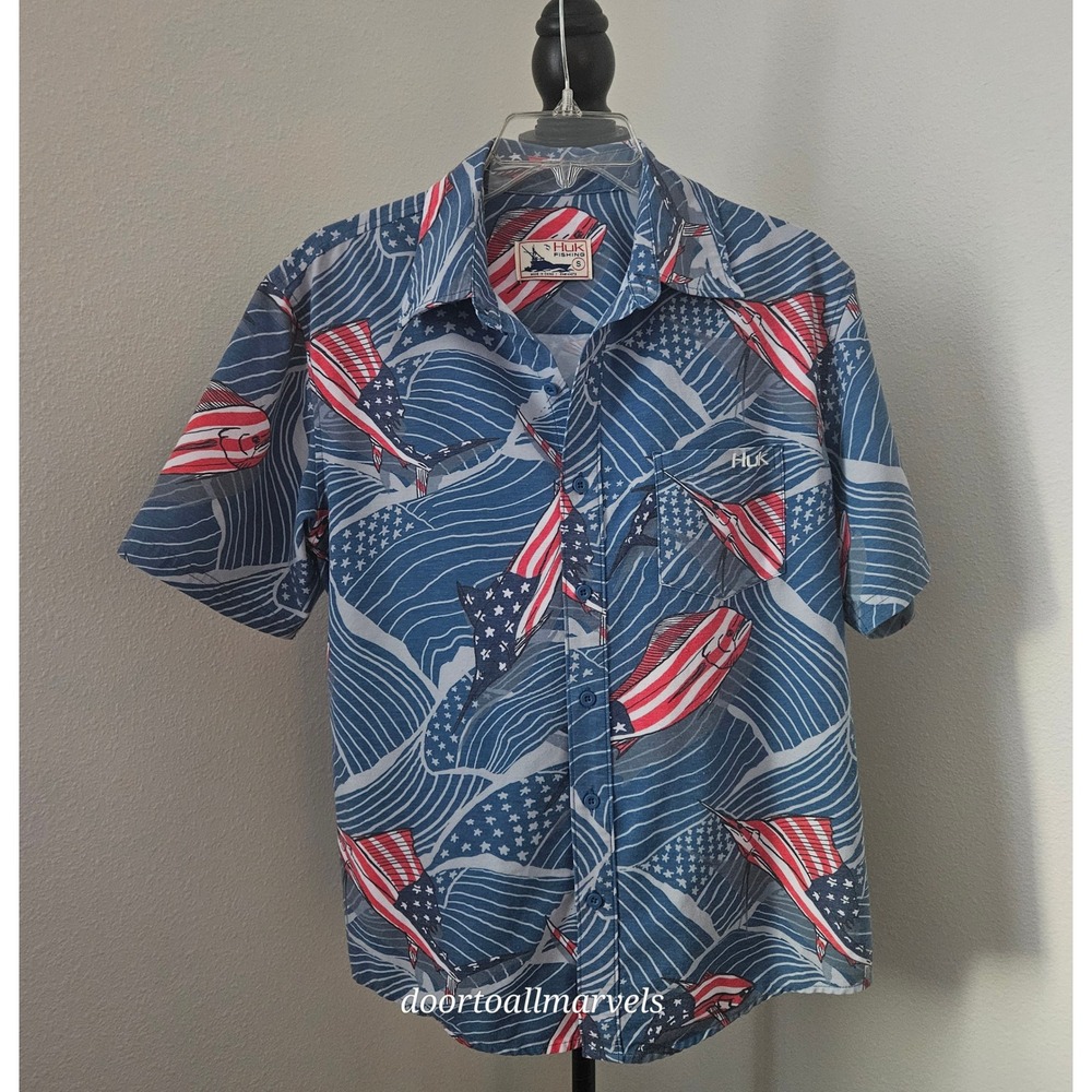 HUK Fishing Shirt Americana Kona Fins and Stripes Short Sleeves sz S